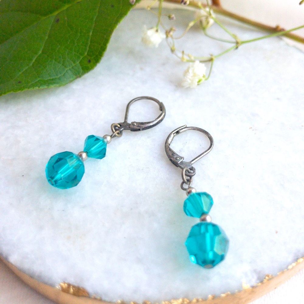 Easy clasp azure beaded dangle earrings, handmade.
